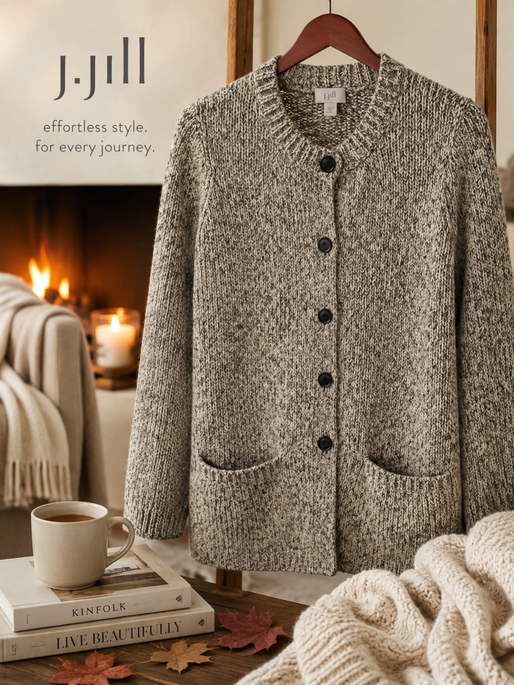j.jill | Marled Chunky-Knit Button-Front Sweater Cardigan in Heathered Taupe